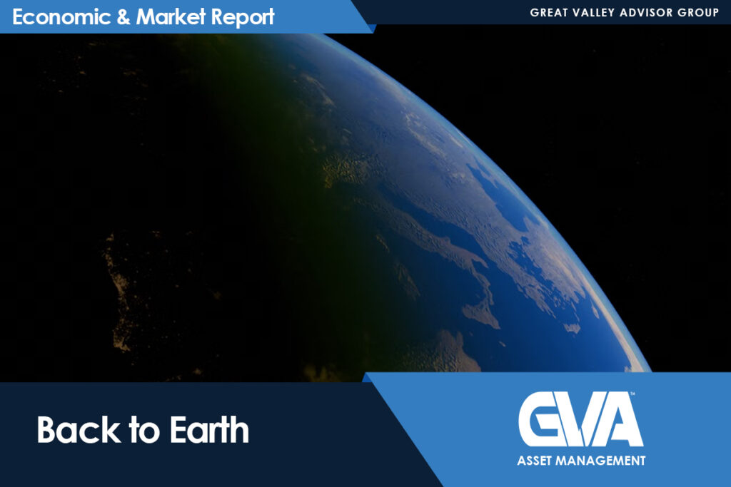 Hero banner for Economic & Market Report with Earth from space, 'Back to Earth', and GVA Asset Management branding.
