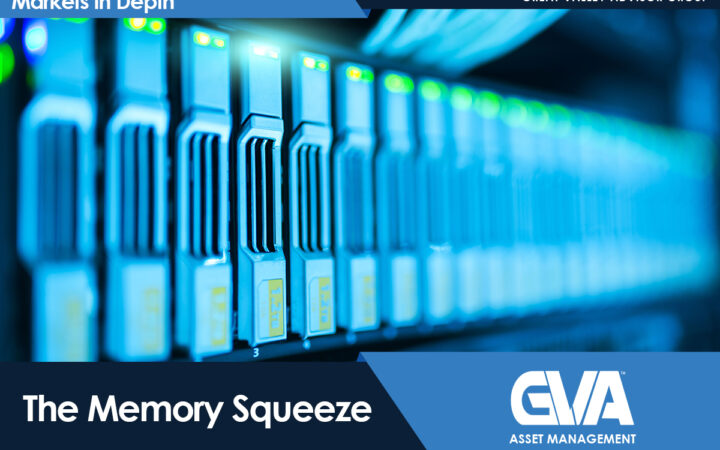 Blue-toned row of server racks in a data center with glowing green indicator lights, overlaid with 'Markets In Depth' and 'The Memory Squeeze' branding for GVA Asset Management/Great Valley Advisor Group.