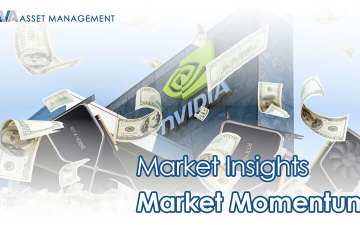 Hero banner for asset management with cash raining over GPUs and a building bearing a logo, and the headline 'Market Insights Market Momentum'.